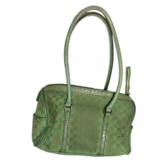 Vintage 80’s Liz Claiborne Small Green Purse Shoulder Handbag Monogram Print - Picture 8 of 15